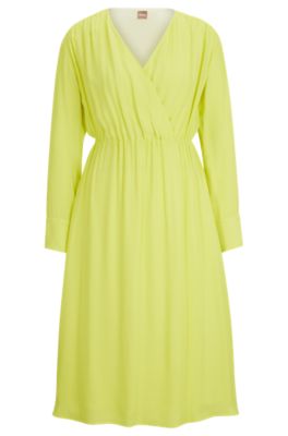 Regular-fit dress with wrap front and button cuffs, Yellow