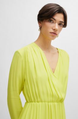 Regular-fit dress with wrap front and button cuffs, Yellow