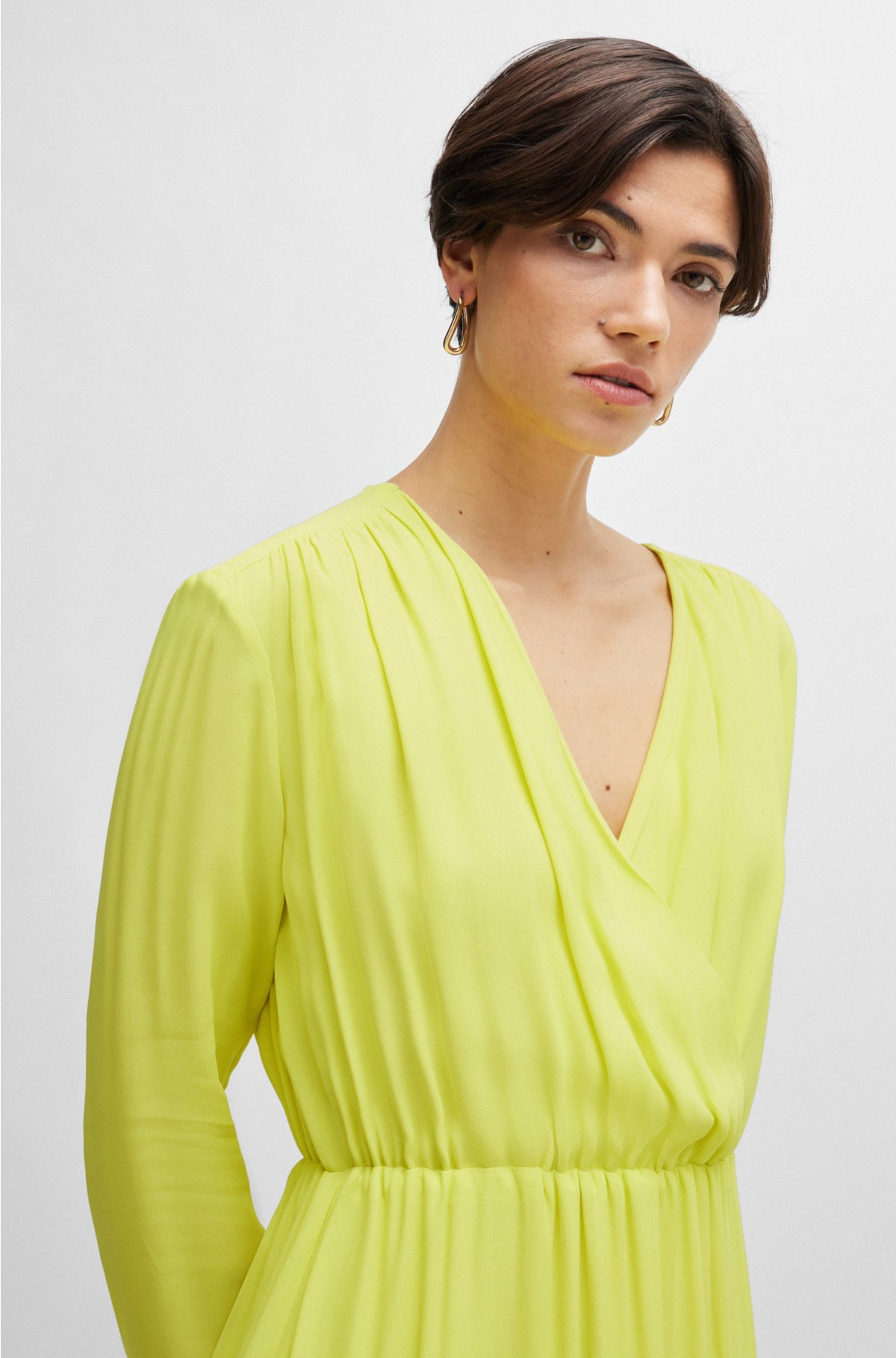 Regular-fit dress with wrap front and button cuffs, Yellow