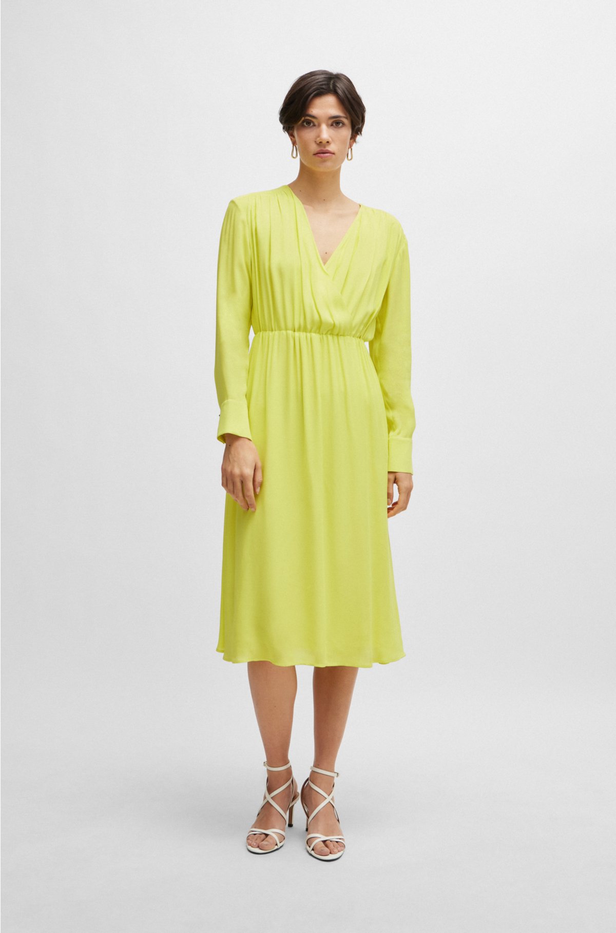 Regular-fit dress with wrap front and button cuffs, Yellow