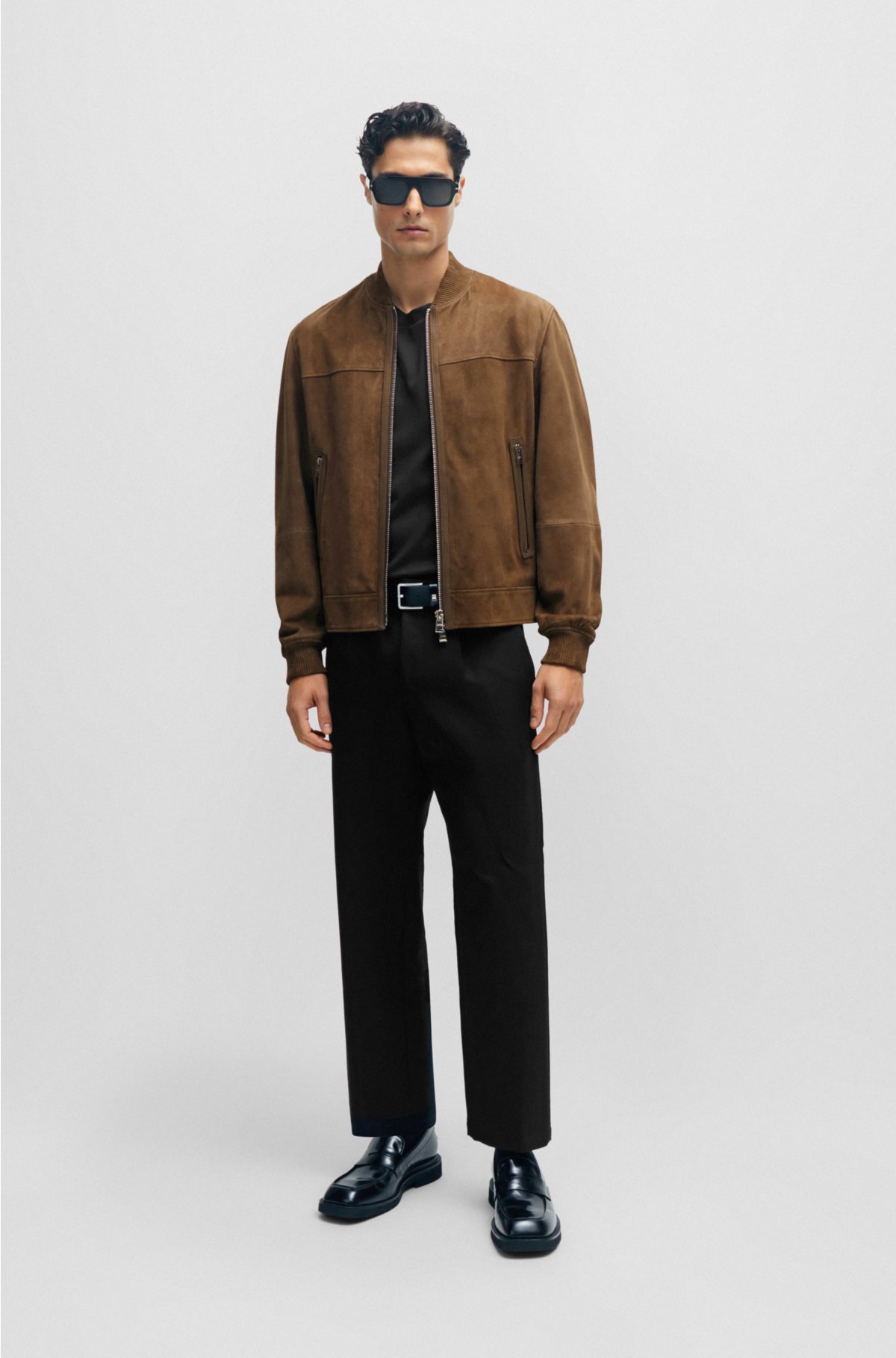 Regular-fit jacket with ribbed cuffs in suede, Brown
