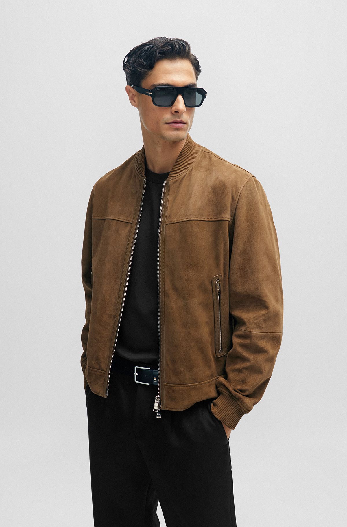 Regular-fit jacket with ribbed cuffs in suede, Brown