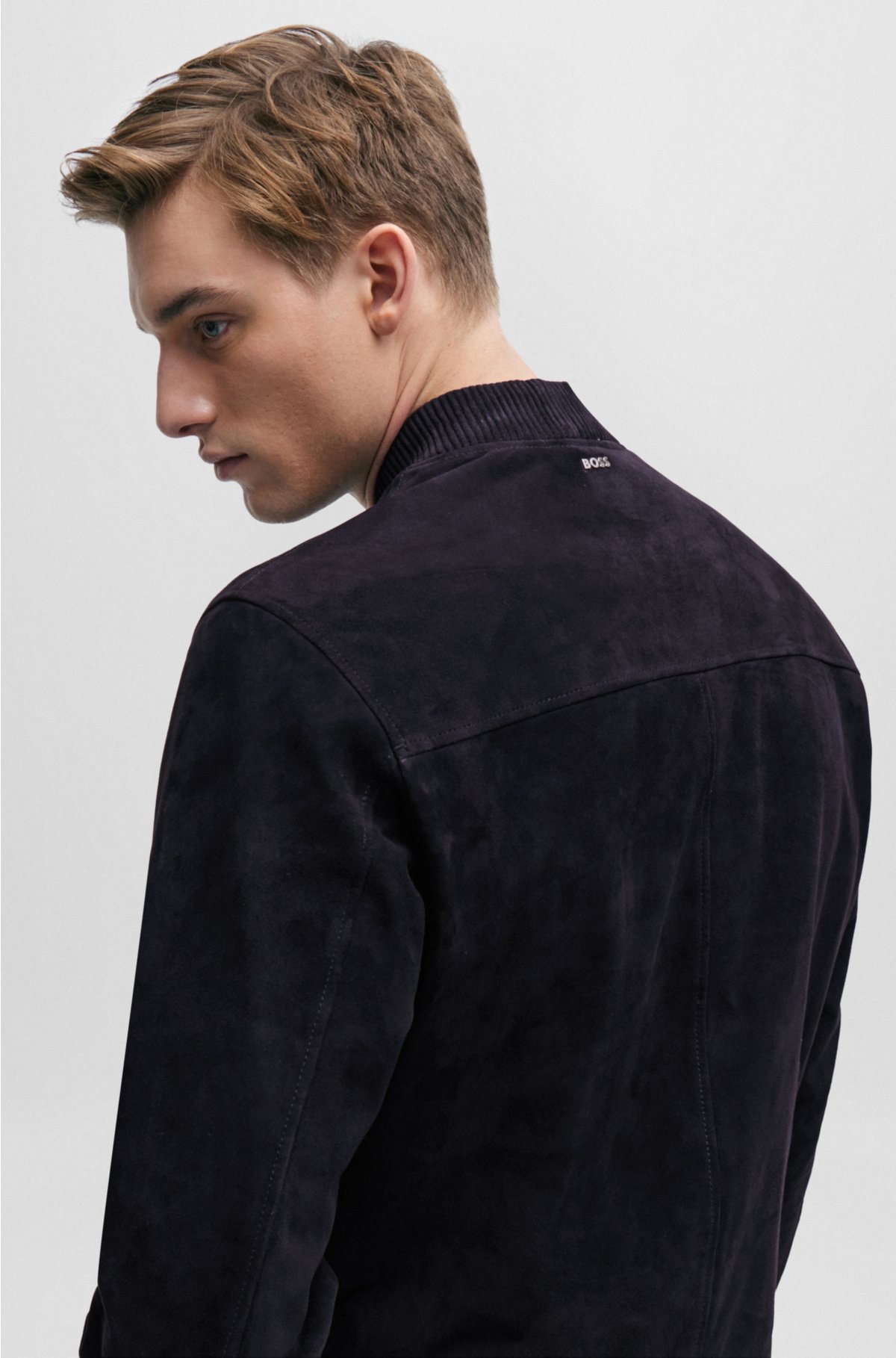 Regular-fit jacket with ribbed cuffs in suede, Dark Blue