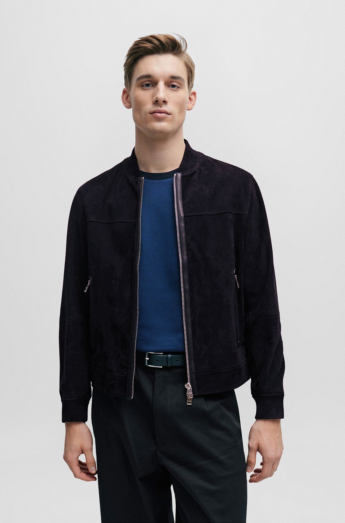 Regular fit jakke med ribmanchetter i ruskind, Mørkeblå