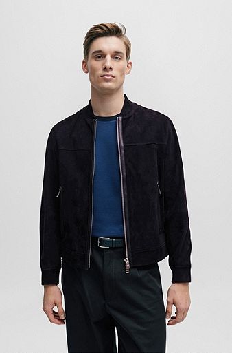 Regular fit jakke med ribmanchetter i ruskind, Mørkeblå