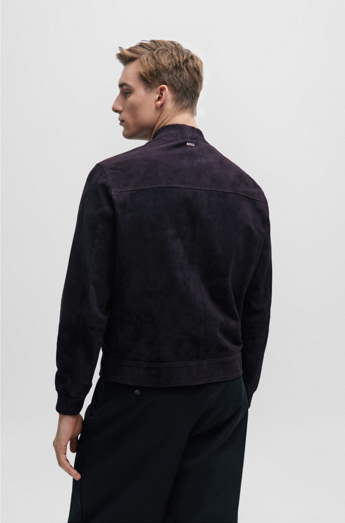 Regular-fit jacket with ribbed cuffs in suede, Dark Blue