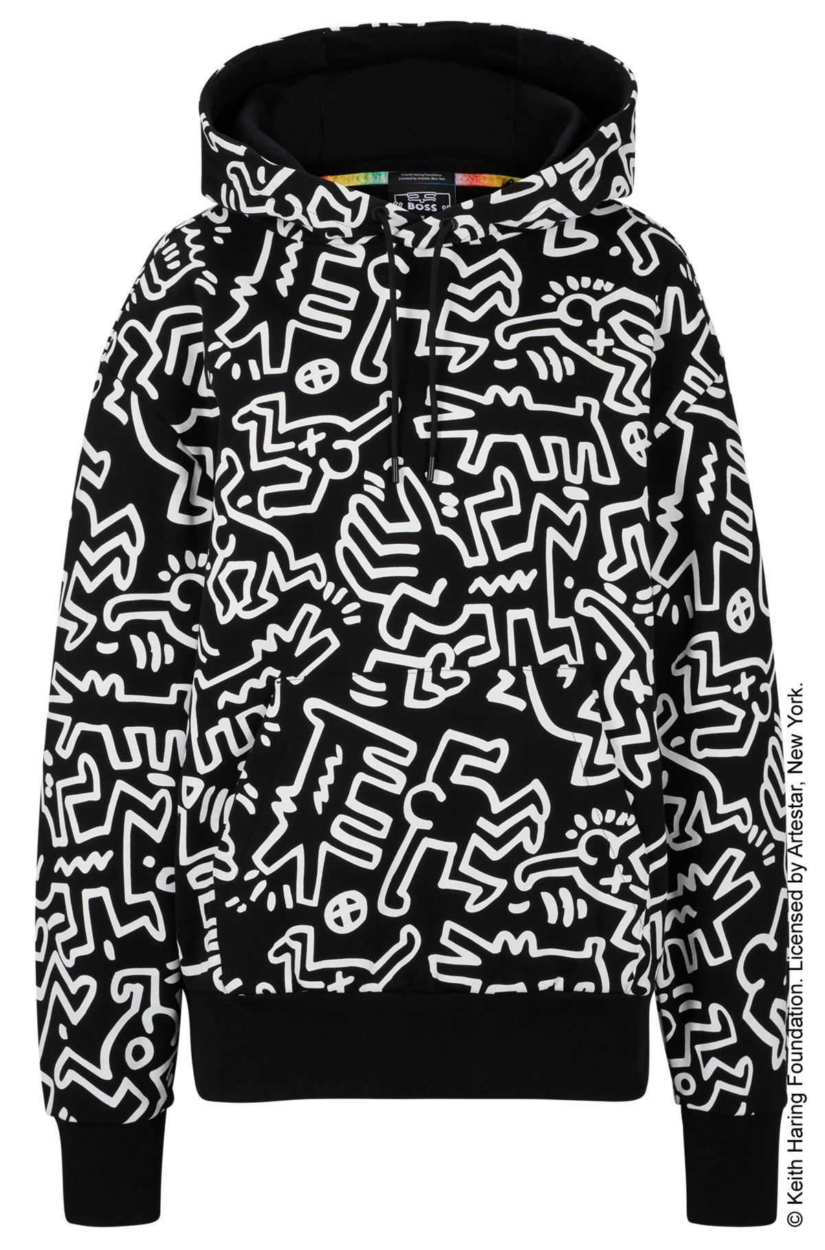 BOSS x Keith Haring gender-neutral cotton hoodie with special artwork, Black Patterned