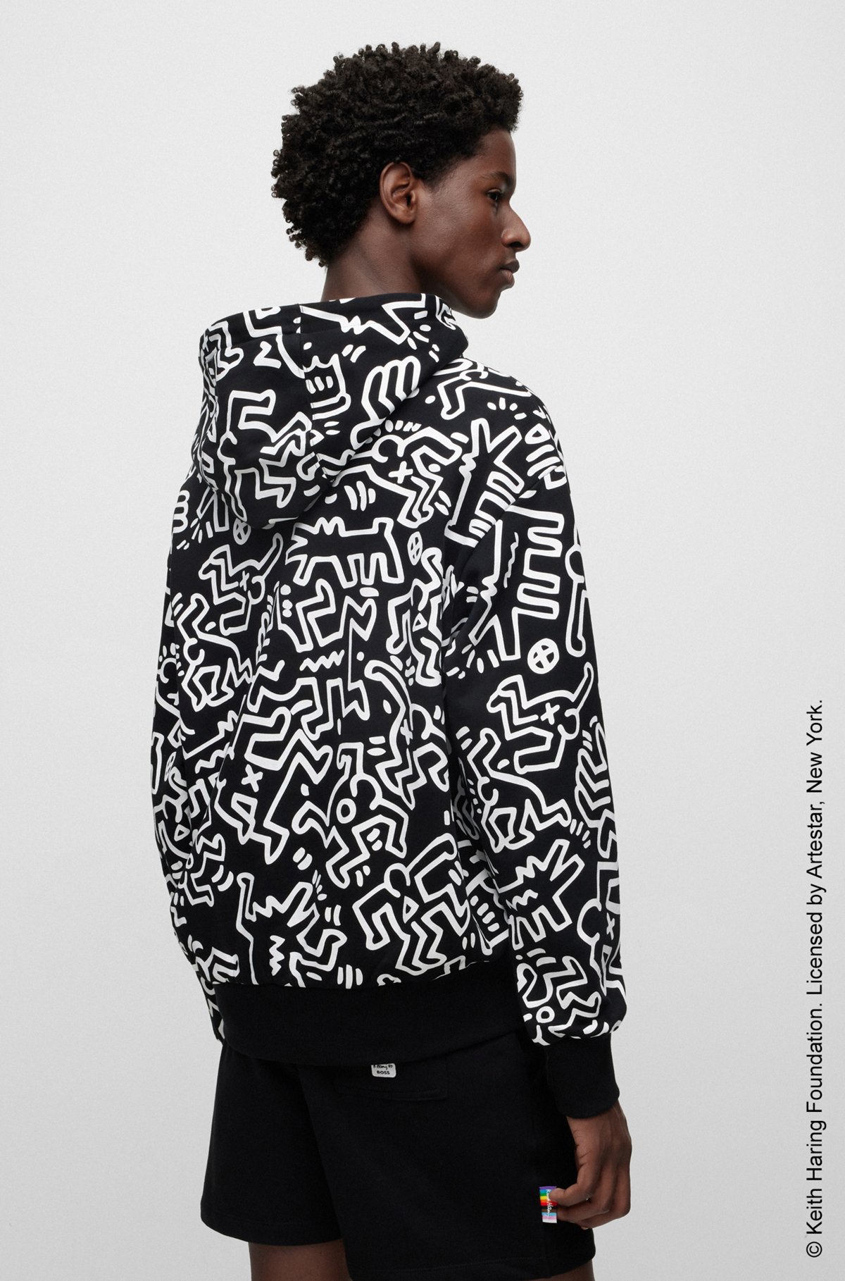 BOSS x Keith Haring gender-neutral cotton hoodie with special artwork, Black Patterned