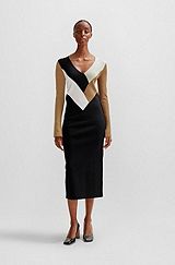 Long-sleeved knitted dress with ribbed structure and V neckline, Patterned