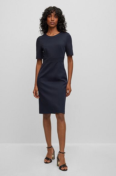 Slim-fit short-sleeved dress in stretch twill, Dark Blue