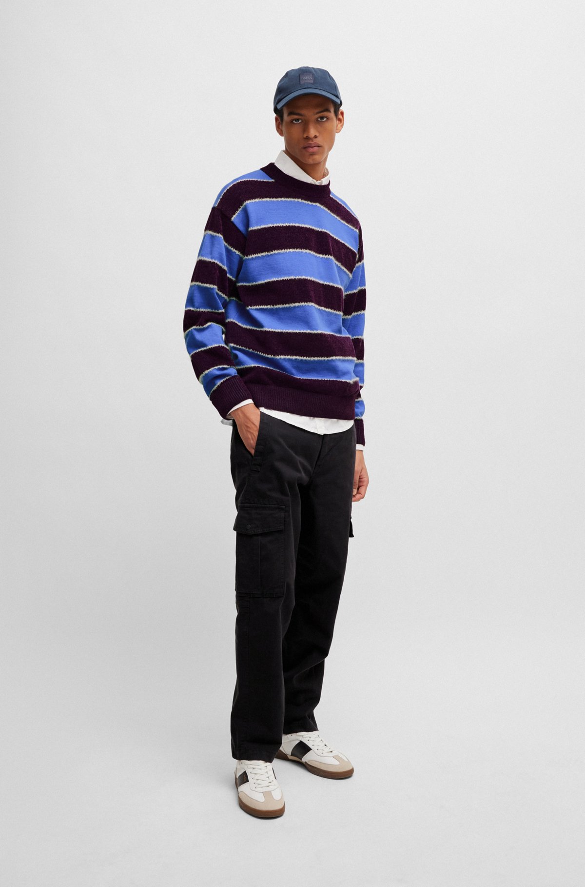 BOSS - Cotton-blend relaxed-fit sweater with knitted stripes