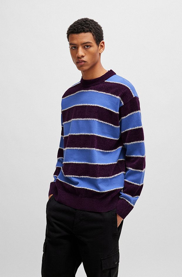 Cotton-blend relaxed-fit sweater with knitted stripes, Purple