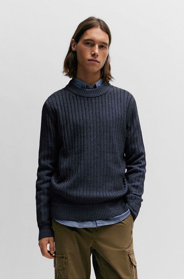 Wool-blend regular-fit sweater with wide ribbing, Dark Blue