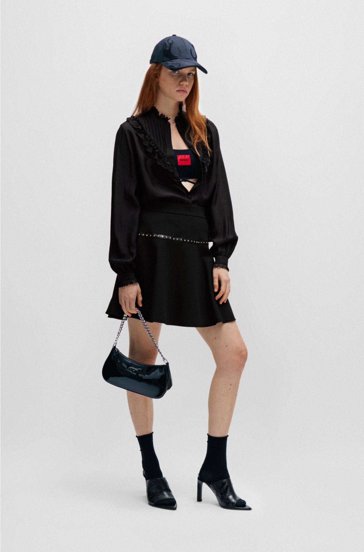 Regular-fit mini skirt with stud trim, Black