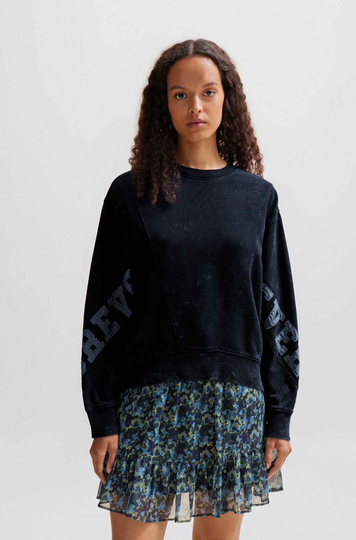 Relaxed-fit katoenen sweatshirt met opgeborduurde slogan, Donkerblauw