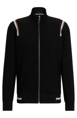 BOSS - Cotton-blend zip-up sweatshirt with signature-stripe trims 
