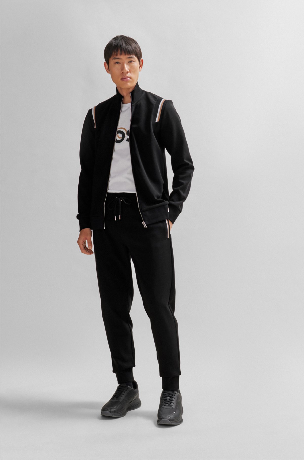 Cotton-blend zip-up sweatshirt with signature-stripe trims, Black