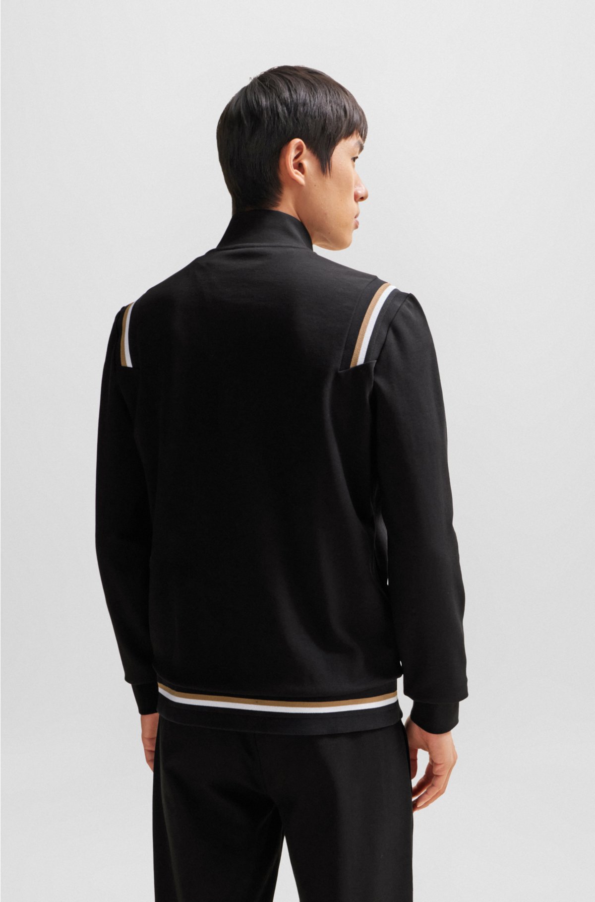 Cotton-blend zip-up sweatshirt with signature-stripe trims, Black