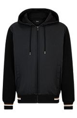 Mixed-material zip-up hoodie with signature-stripe trims, Black