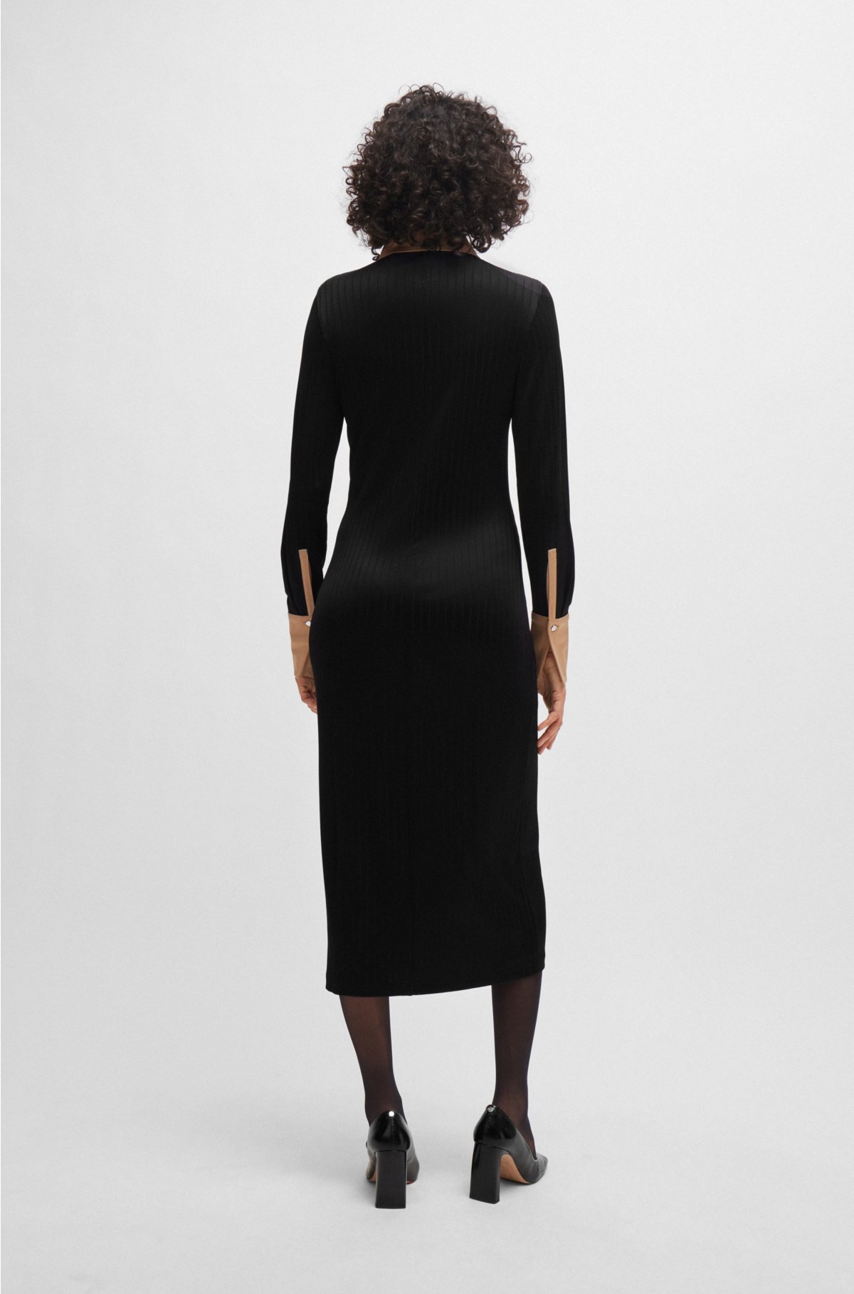 Long-length shirt-style dress in ribbed jersey, Black