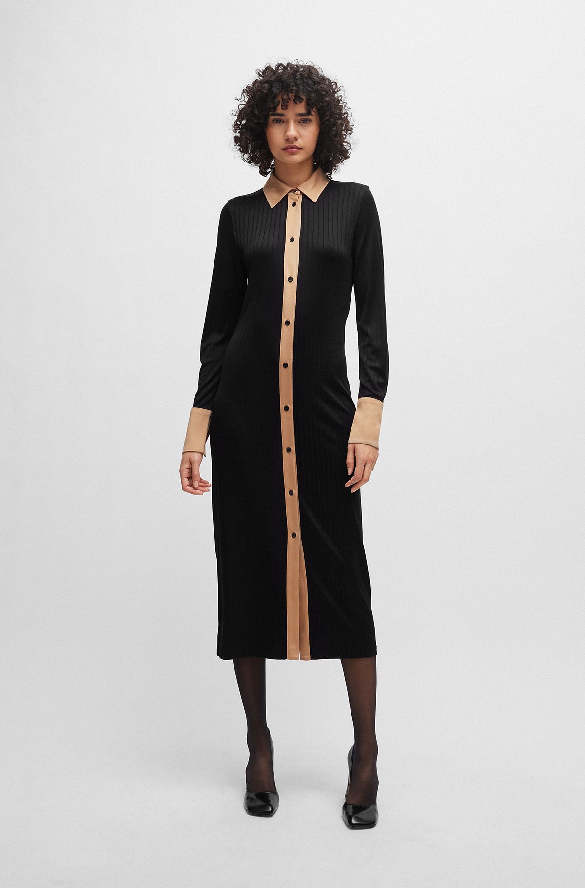 Long-length shirt-style dress in ribbed jersey, Black