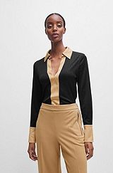 Ribbed long-sleeved blouse with Johnny collar, Black