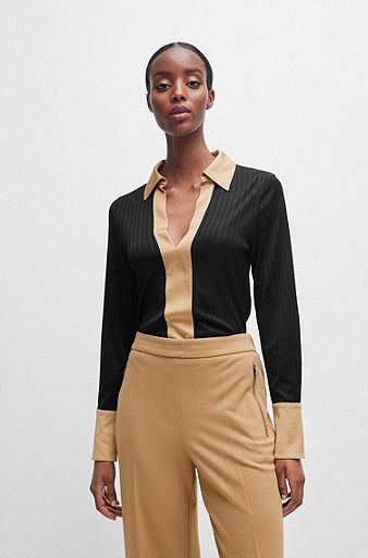 Ribbed long-sleeved blouse with Johnny collar, Black