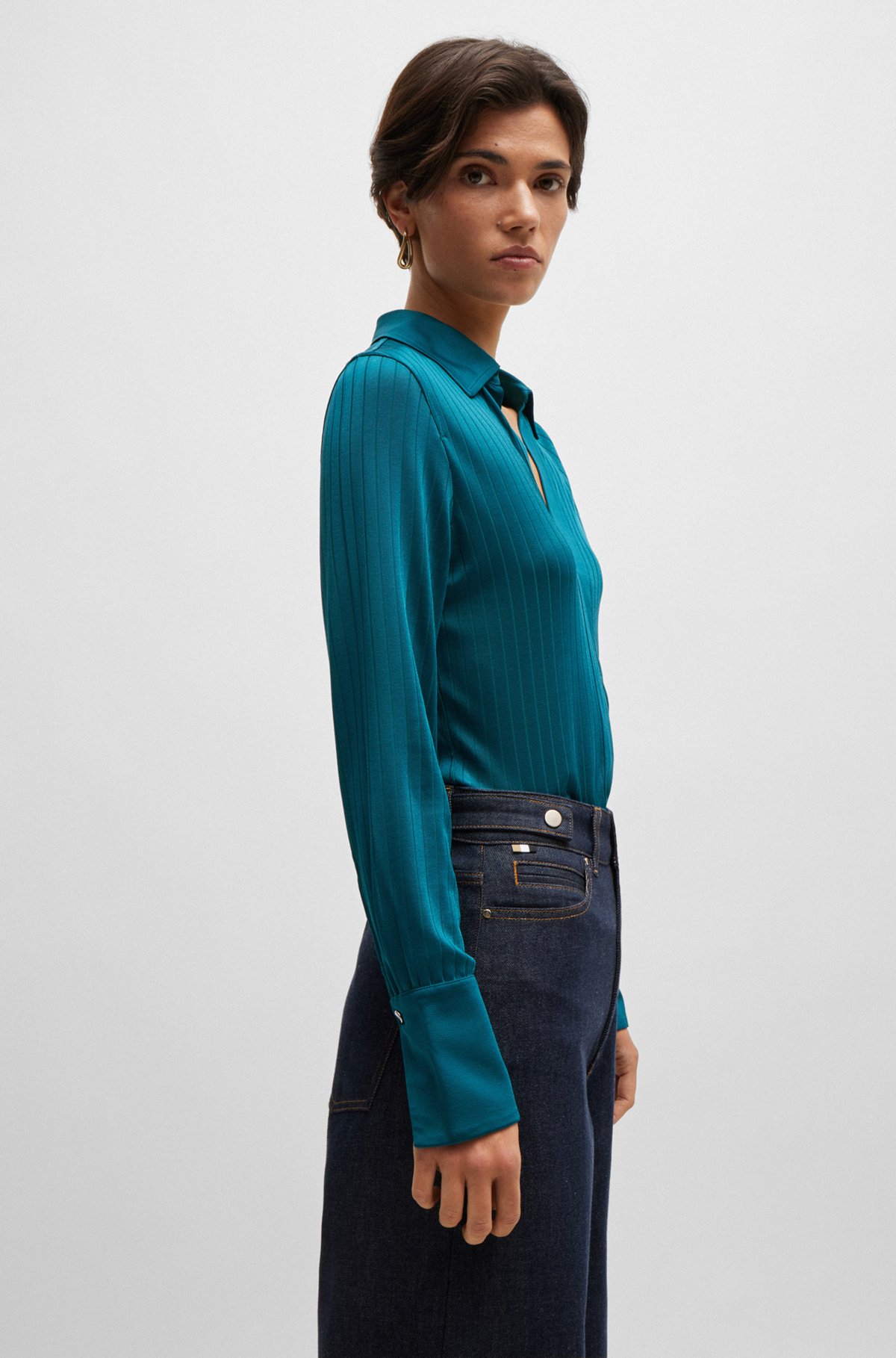 Ribbed long-sleeved blouse with Johnny collar, Dark Green