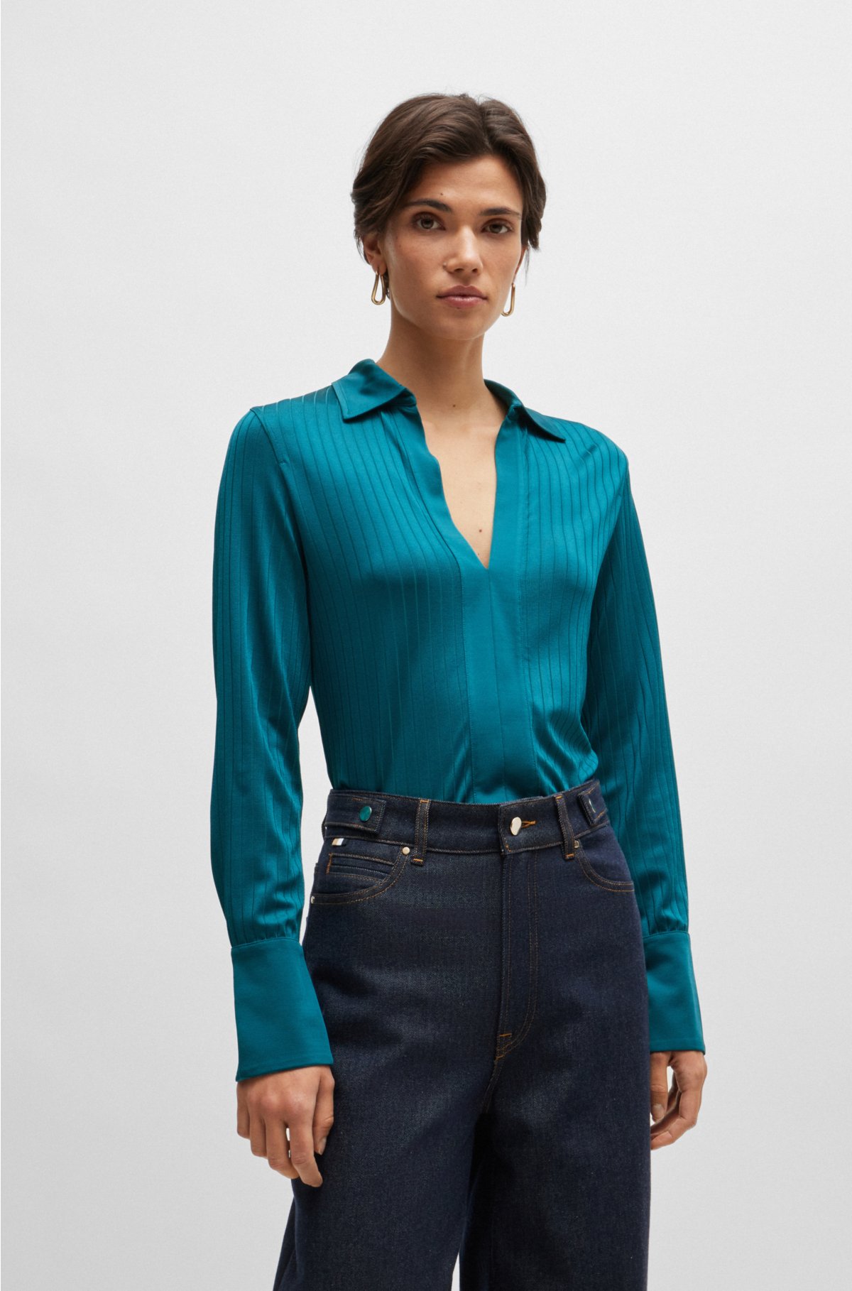 Ribbed long-sleeved blouse with Johnny collar, Petrol