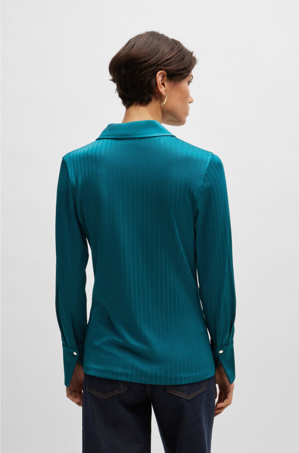 Ribbed long-sleeved blouse with Johnny collar, Petrol