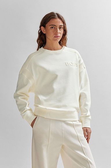 Camisola de mistura de algodão com logótipo em relevo e fita de malha, Branco