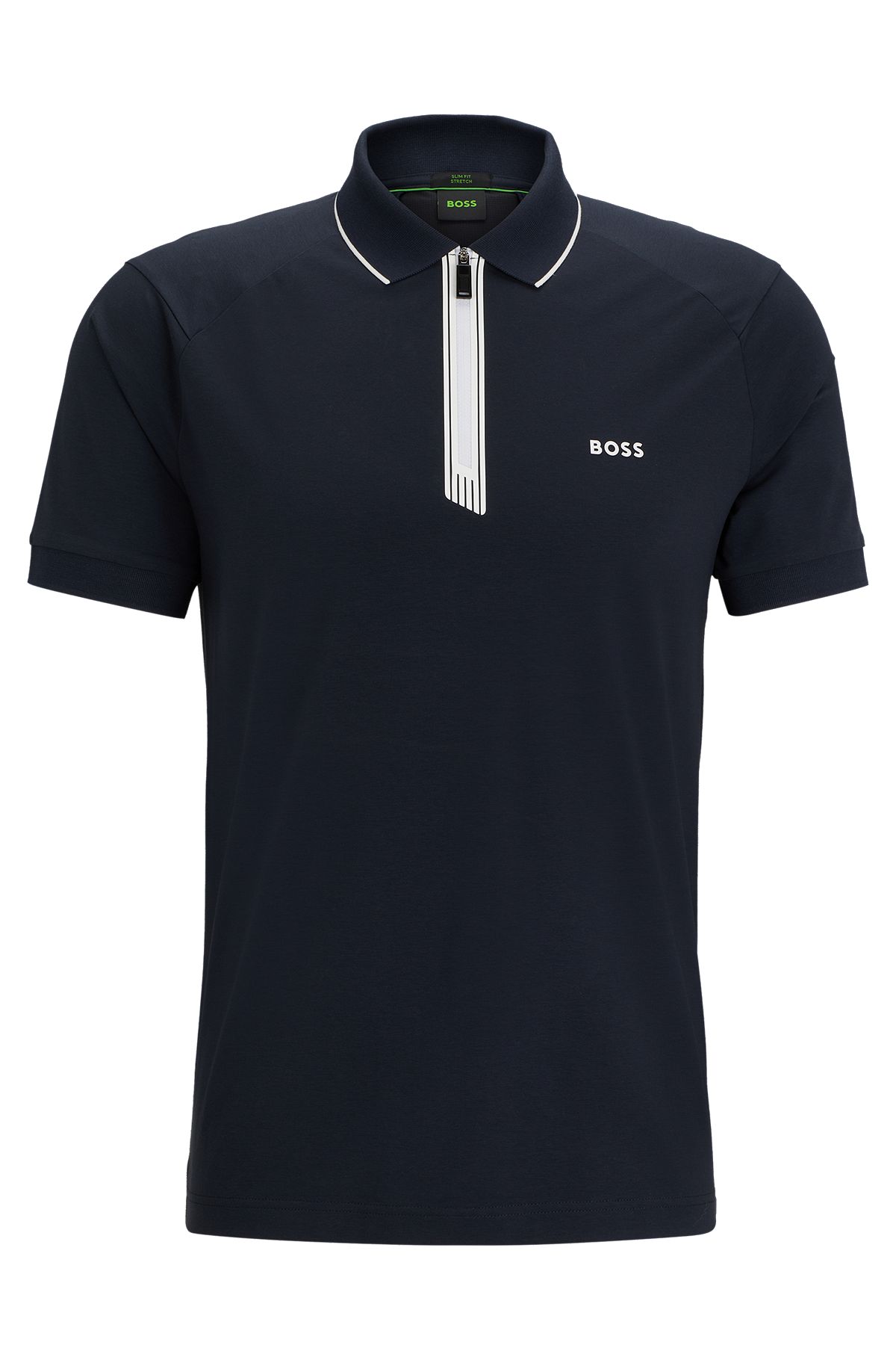 Stretch-cotton slim-fit polo shirt with zip placket, Dark Blue