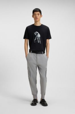 Pantalones tapered fit de tejido de gabardina el&aacute;stico, Gris