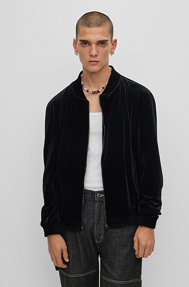 Slim-fit zip-up jacket in jersey velvet, Black