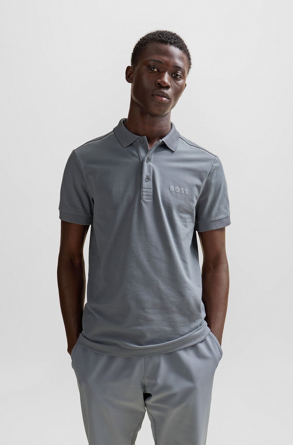 Slim-fit polo shirt with decorative reflective details, Grey