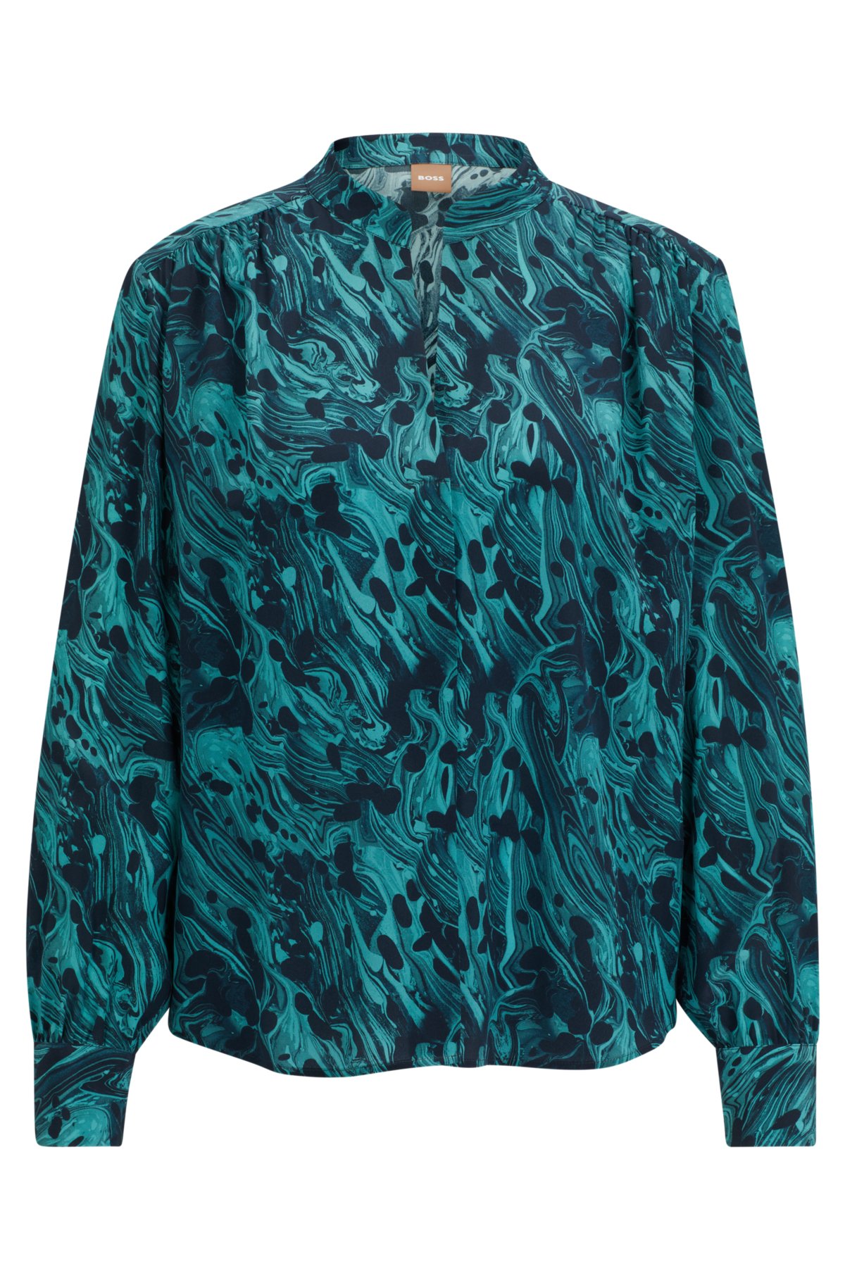Regular-fit blouse in digitally printed silk, Blue Patterned