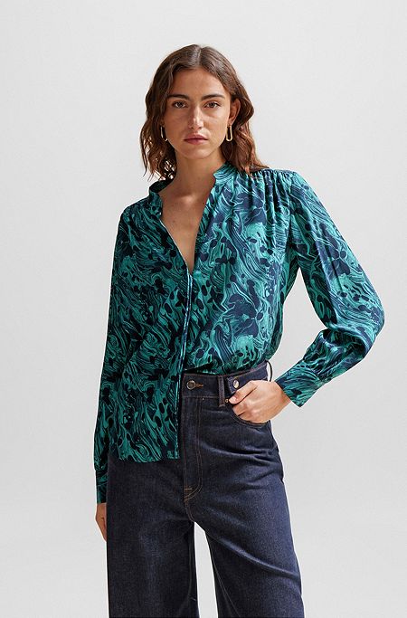 Regular-fit blouse in digitally printed silk, Patterned
