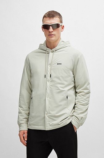 Hooded relaxed-fit overshirt with logo detail, Light Beige