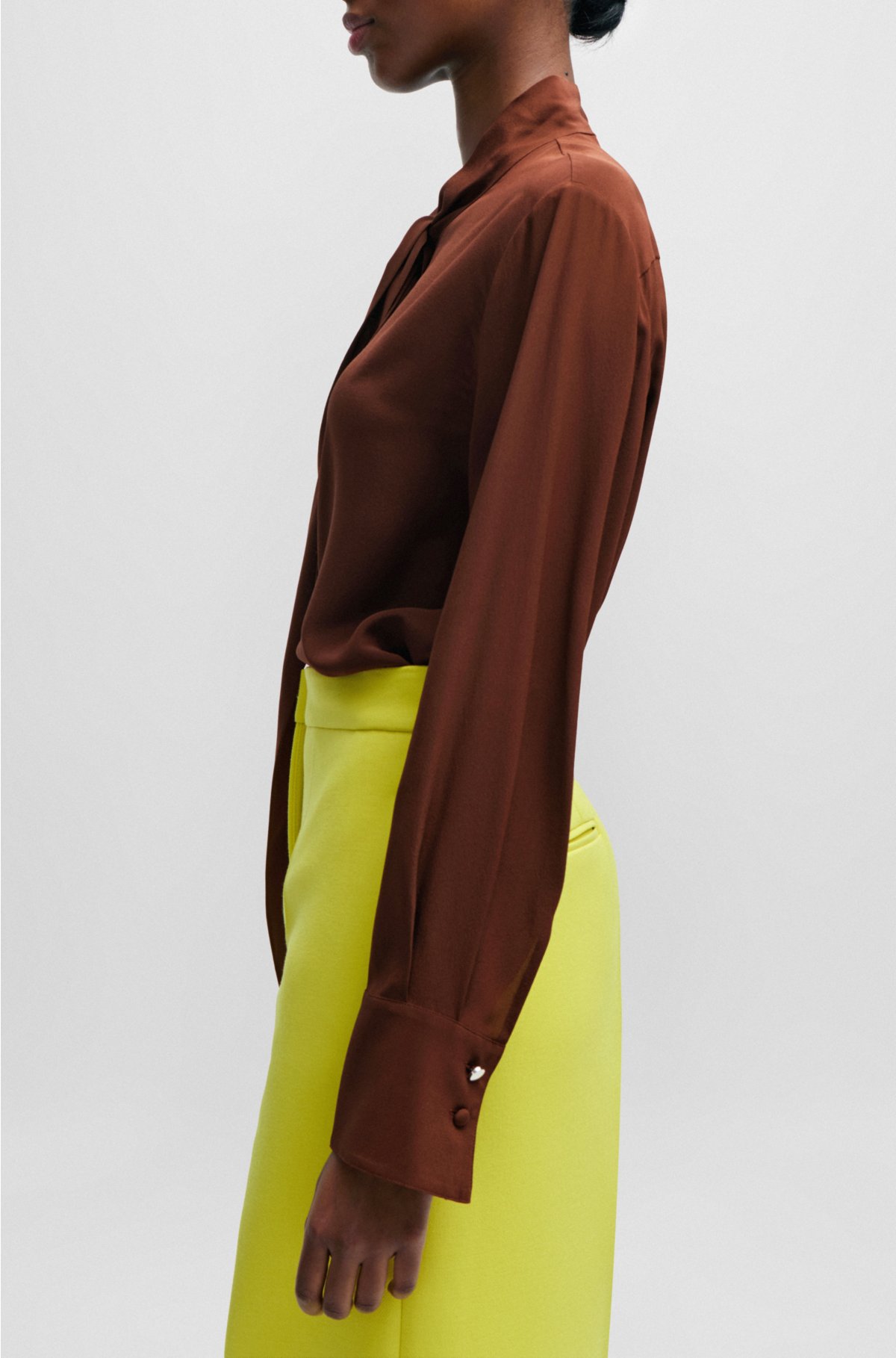 Relaxed-fit blouse in washed silk with tie collar, Brown