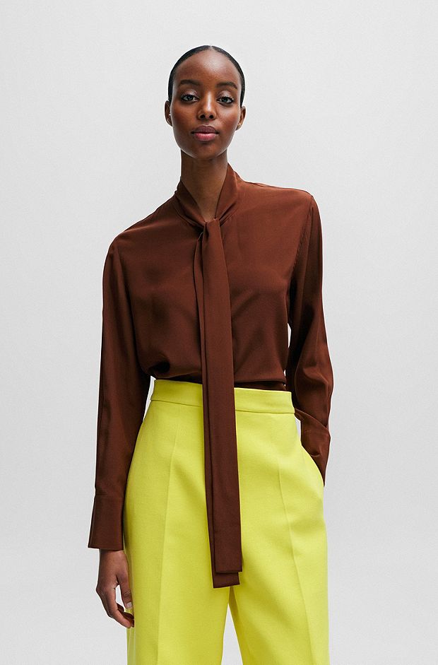 Relaxed-fit blouse in washed silk with tie collar, Brown