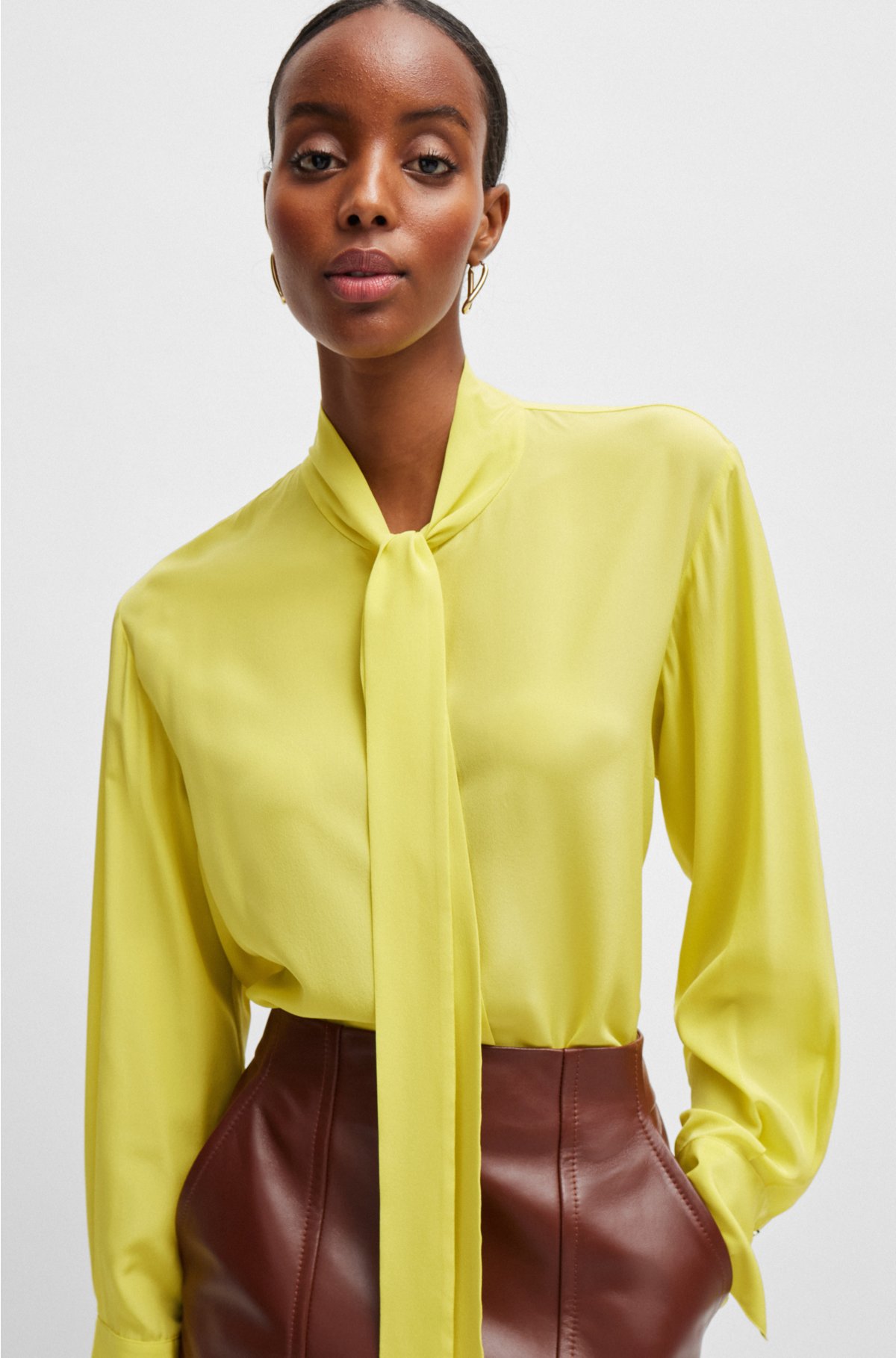 Relaxed-fit blouse in washed silk with tie collar, Yellow