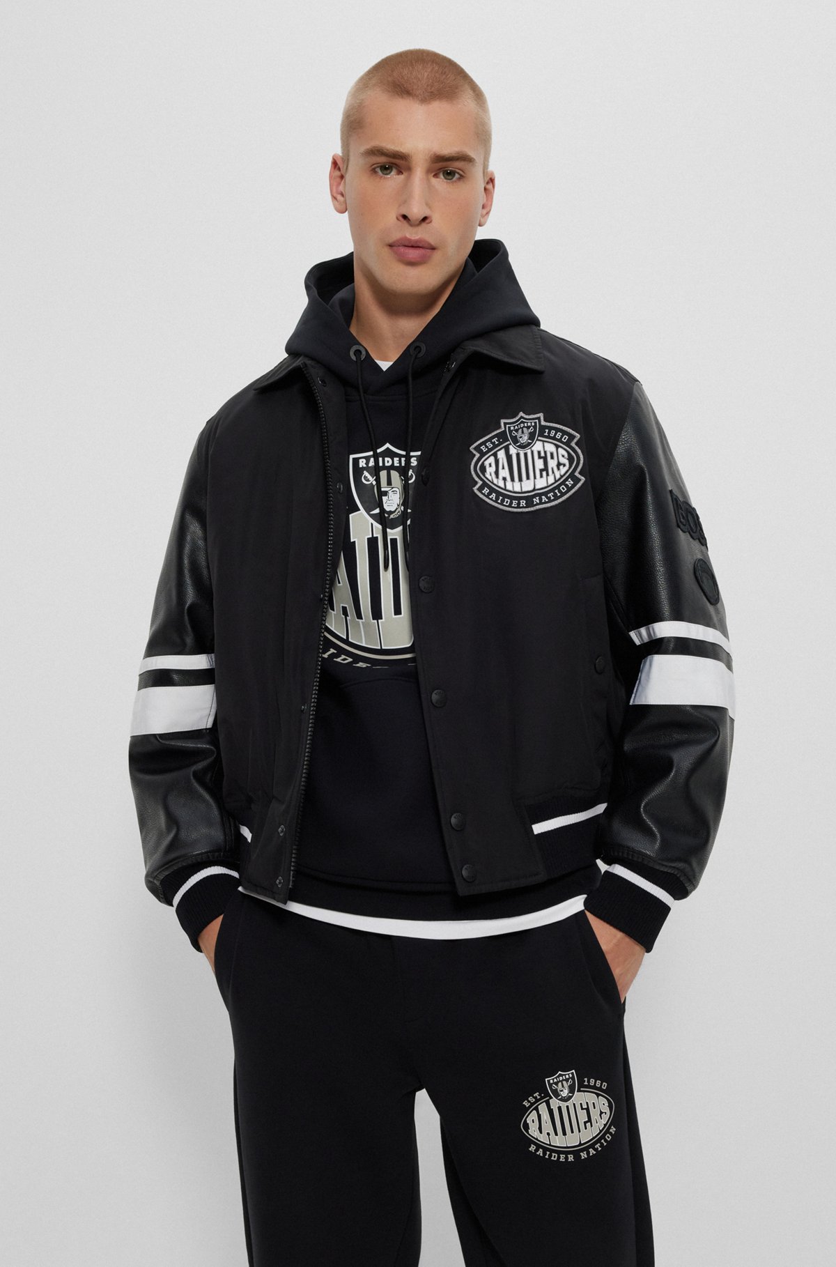  BOSS x NFL water-repellent bomber jacket with collaborative branding, Raiders