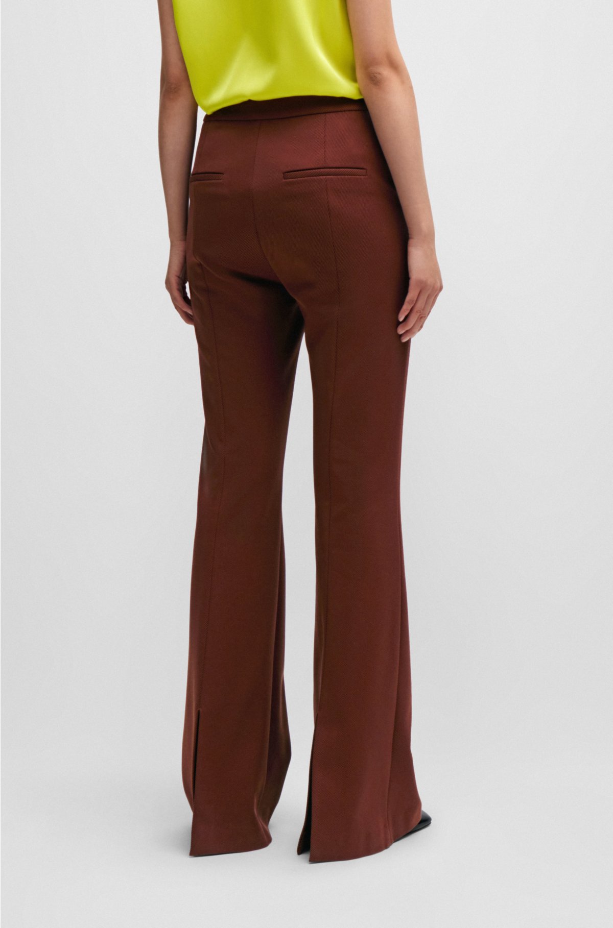 Regular-fit trousers in stretch twill with flared leg, Dark Brown