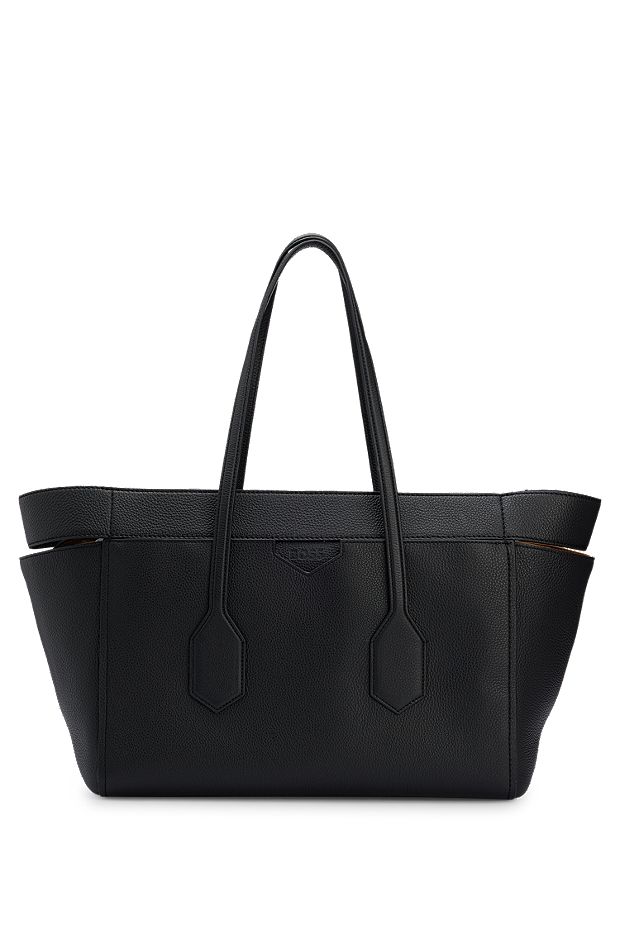Grained-leather tote bag with logo detail, Black