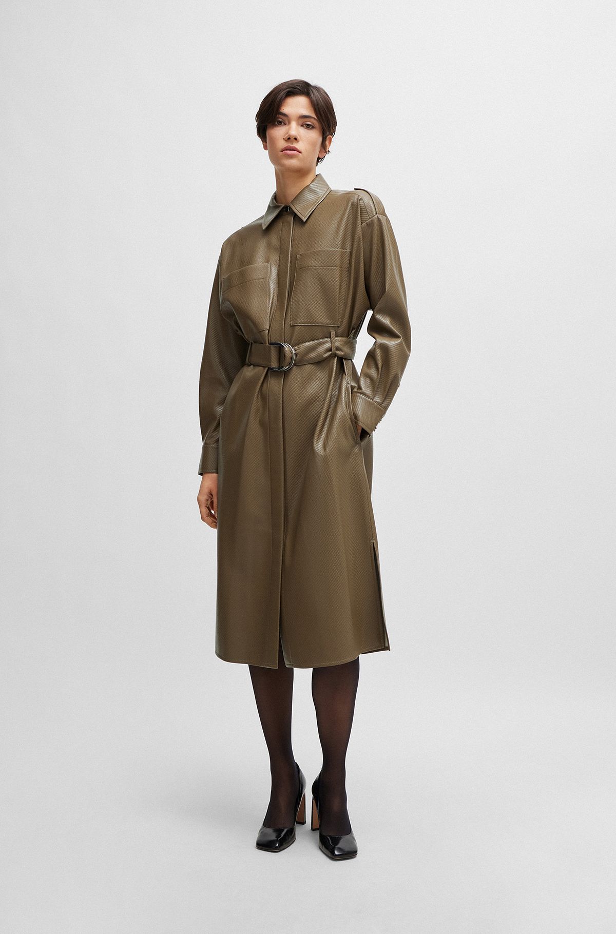 Belted shirt dress in perforated faux leather, Brown