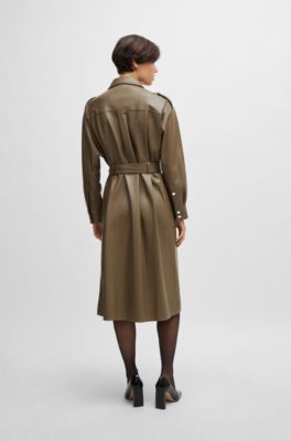 Chemisier con cintura in similpelle traforata, Marrone