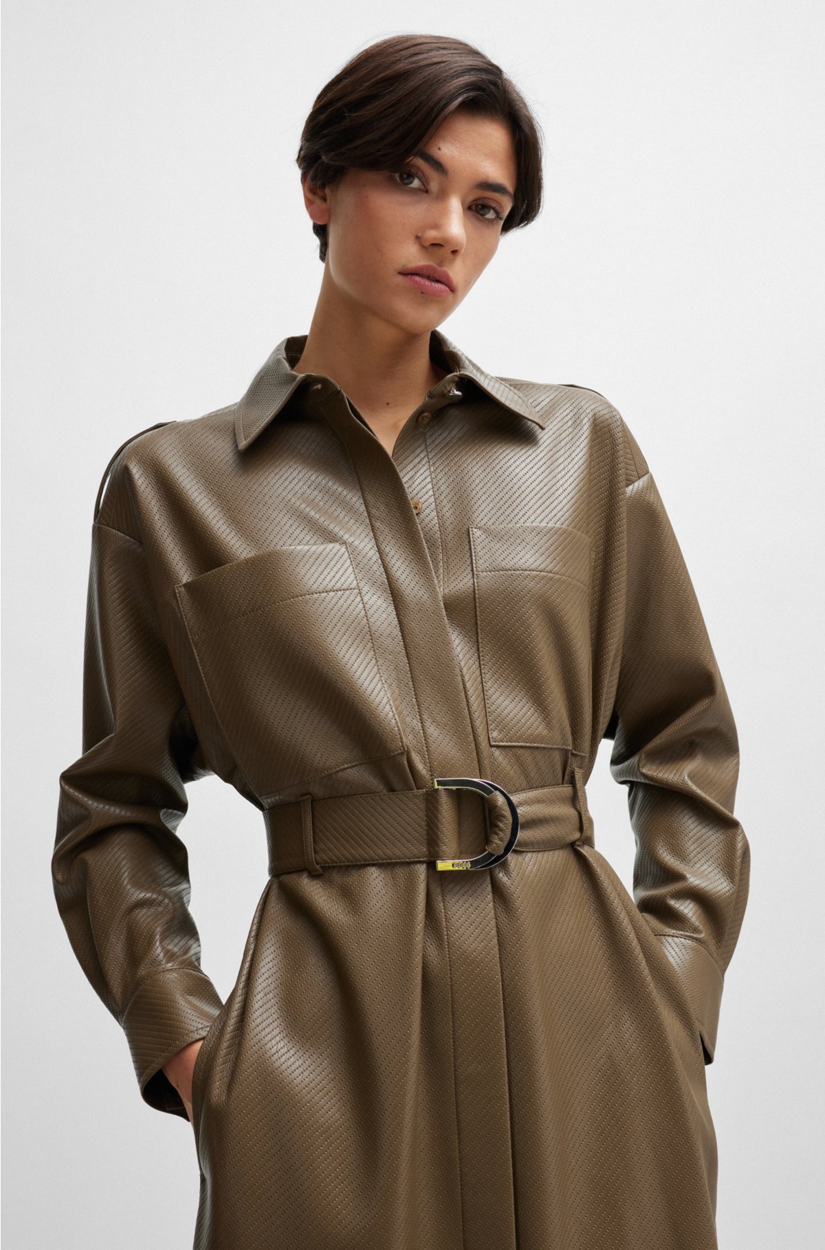 Belted shirt dress in perforated faux leather, Brown