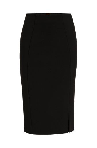 Pencil skirt in stretch fabric with front slit, Black