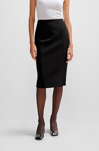 Pencil skirt in stretch fabric with front slit, Black