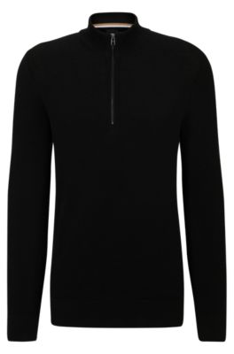 BOSS Quarter zip cotton sweater with knitted structure Black